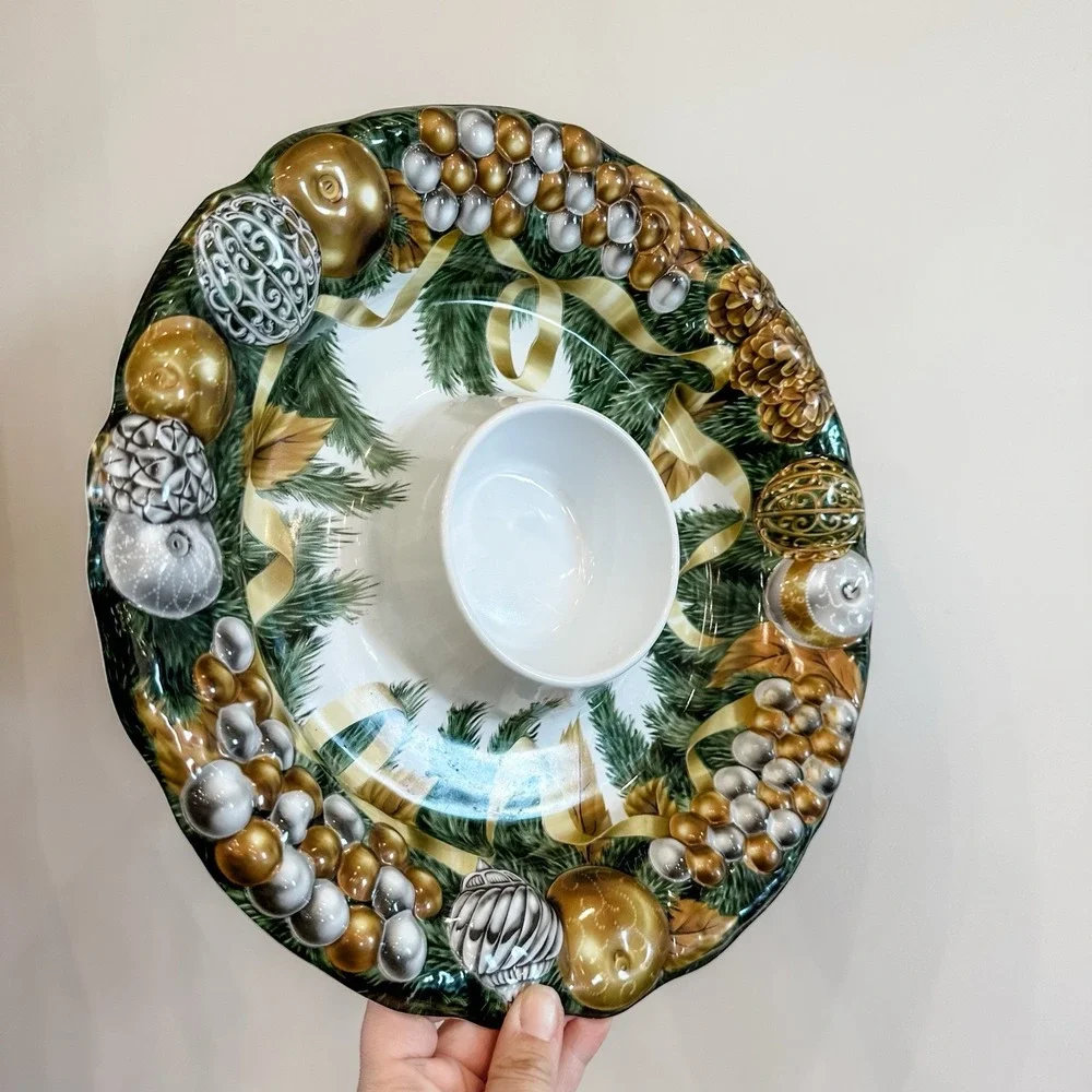 VTG‎ Christmas Pine Holiday Serving Platter Chips Snacks Veggies & Dip Tray